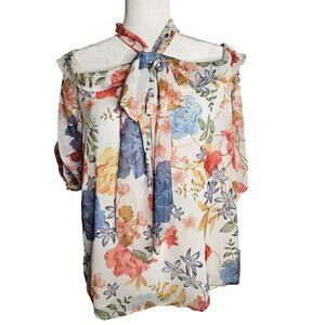 Floral Tie-Neck Cold-Shoulder Blouse - White Multi